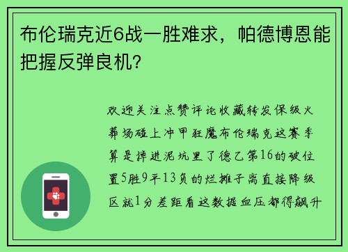 布伦瑞克近6战一胜难求，帕德博恩能把握反弹良机？